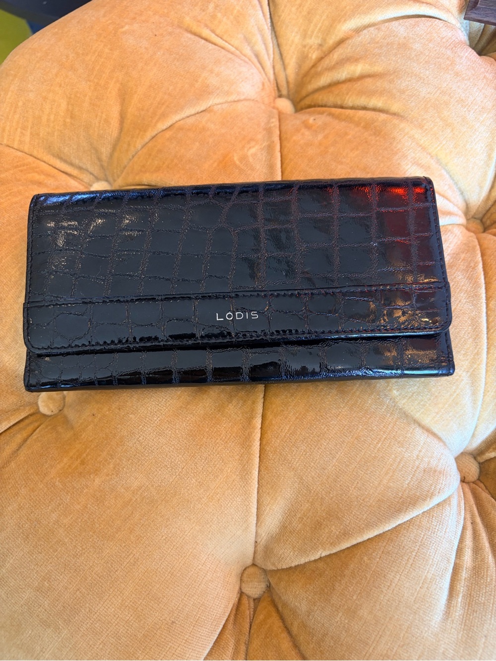 Lodis Black Croc-Embossed Patent Leather Wallet with Shine